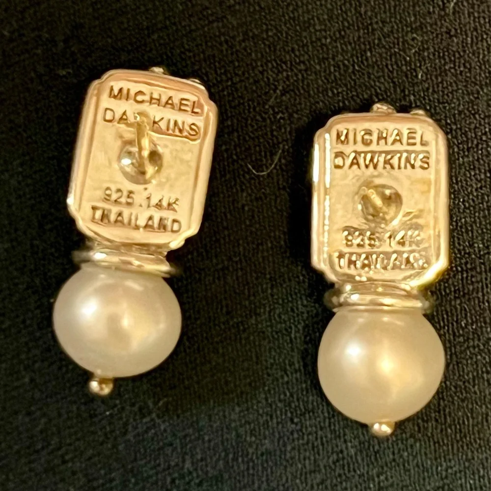 Michael Dawkins 925 Sterling Silver 14K Gold Posts Pearl Drop Earrings Thailand - Picture 3 of 3